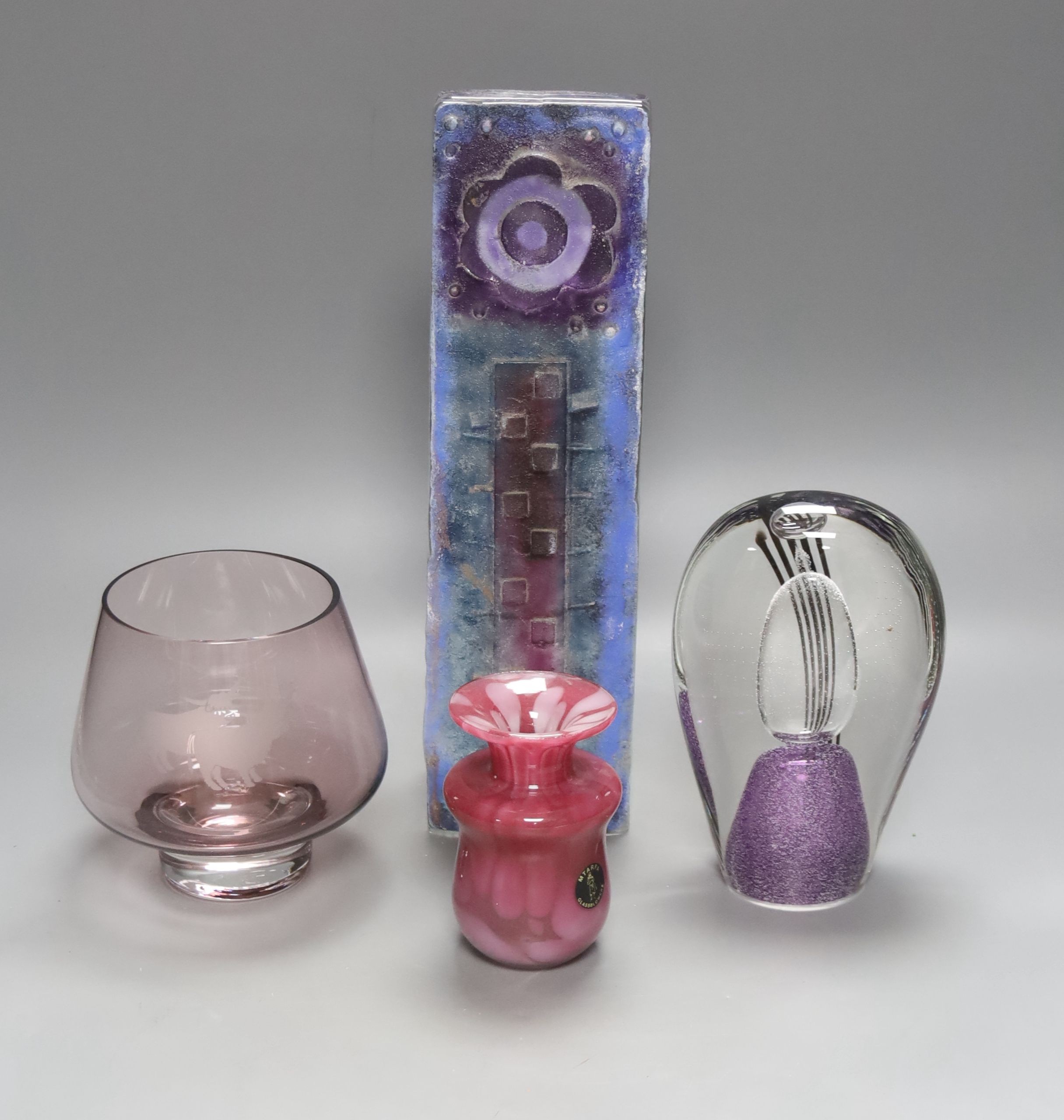 A Caithness Flower Tower art glass panel and a similar tear drop shaped panel and two other signed art glass vases, tallest 33cm